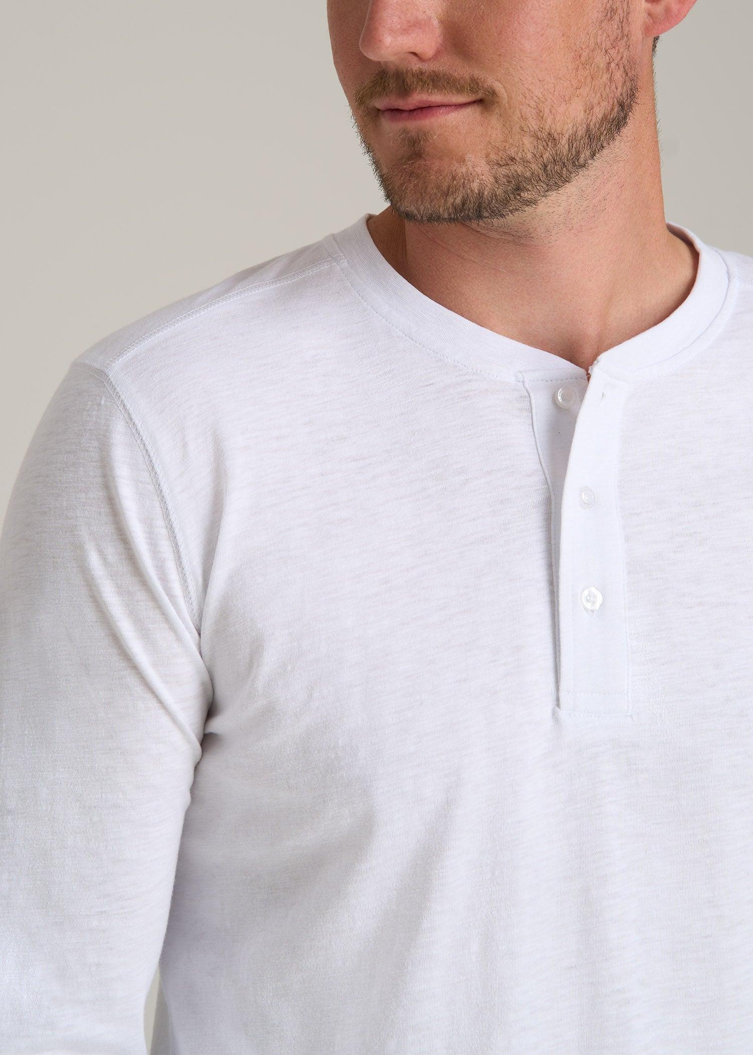 Men's Tall Three Button Long Sleeve Slub Henley in White Product Image