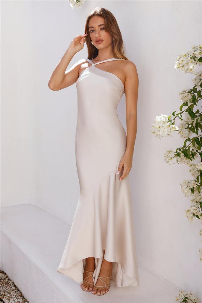 Romantic Affair Satin One Shoulder Maxi Dress Champagne Product Image