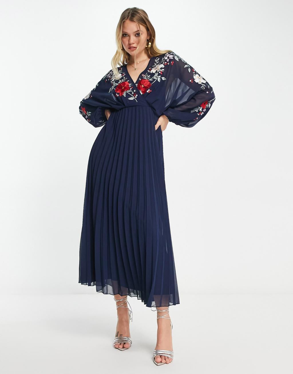 ASOS DESIGN embroidered blouson open back pleated midi dress in navy Product Image