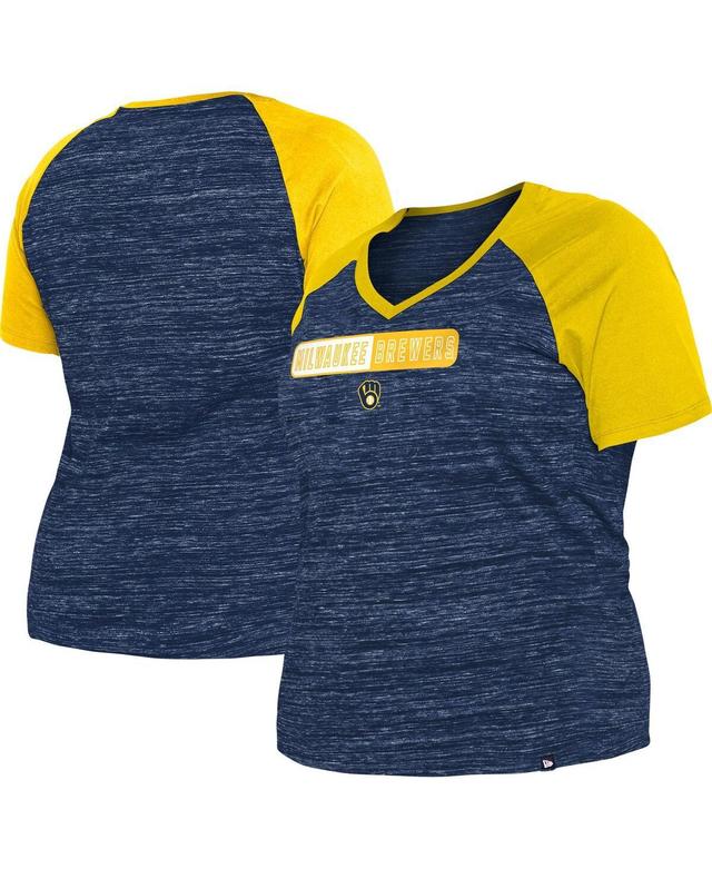 Womens New Era Navy Milwaukee Brewers Plus Size Space Dye Raglan V-Neck T-shirt Product Image