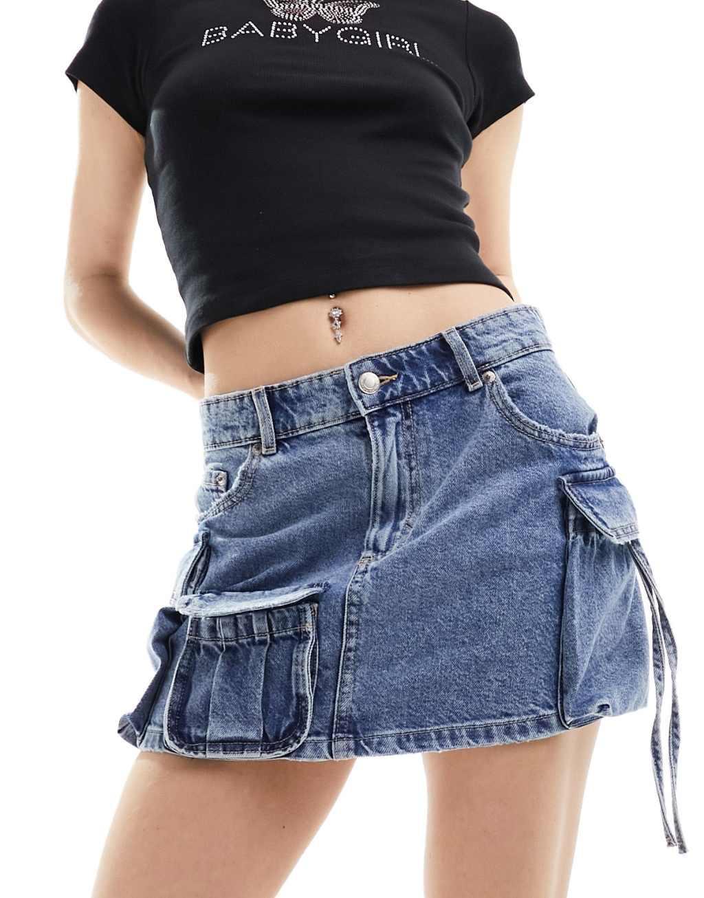 Pull & Bear multi pocket denim mini skirt Product Image