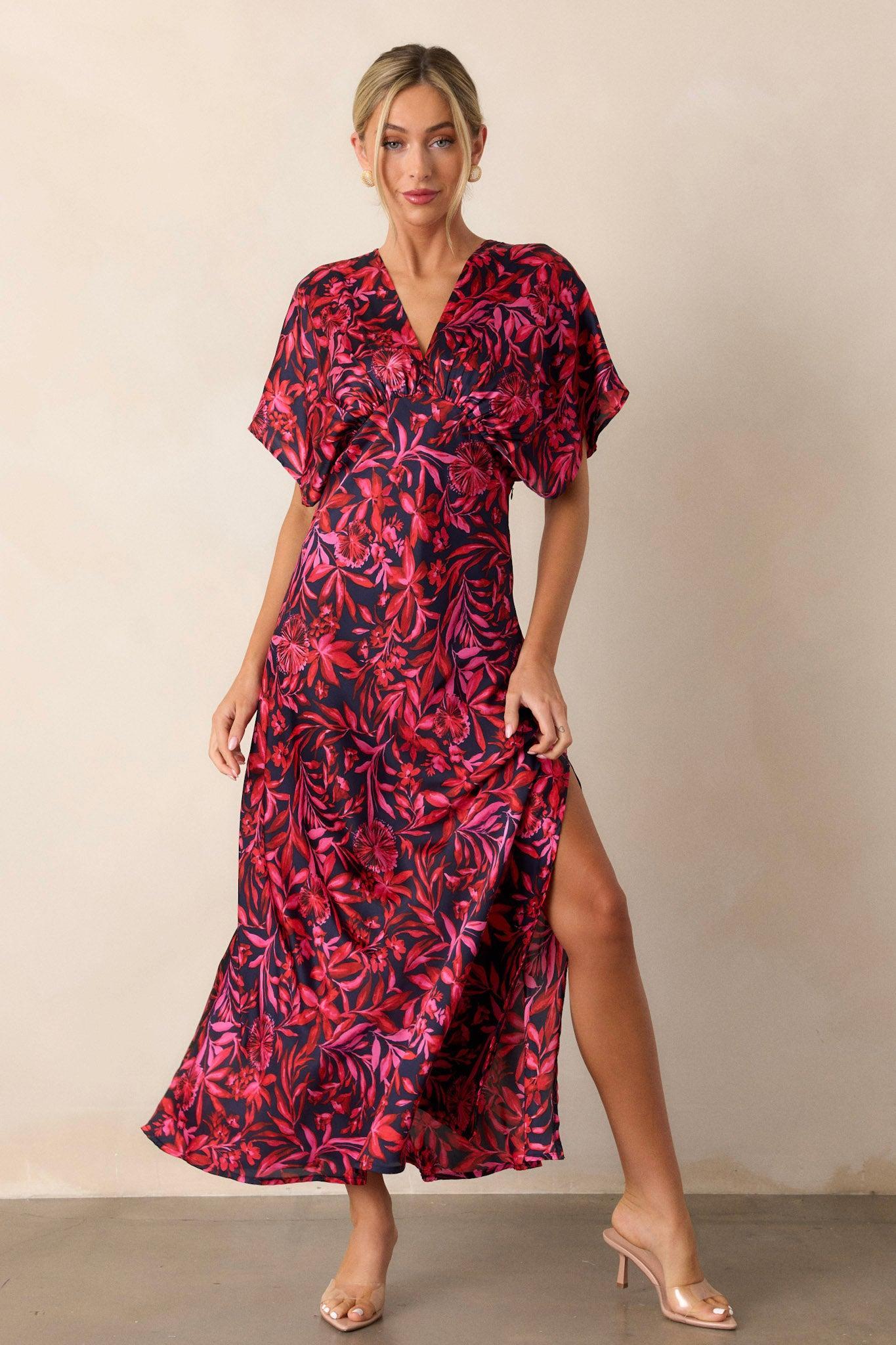 Waltz Through Time Fuchsia Floral Satin Maxi Dress Product Image