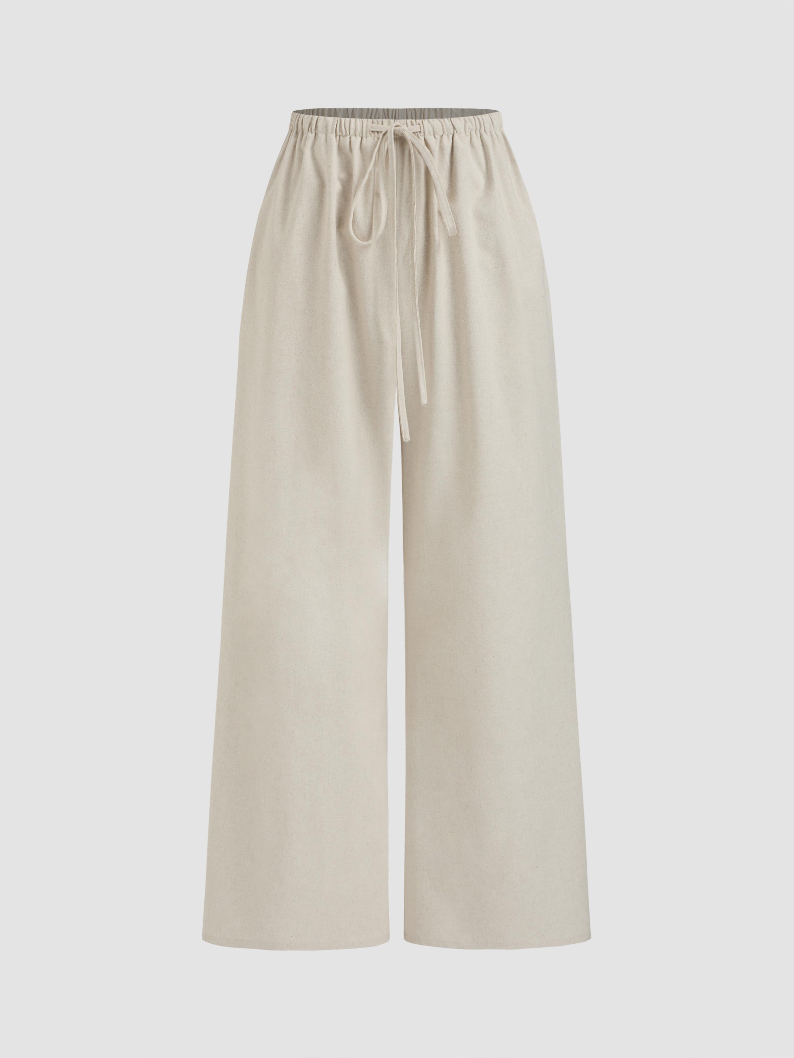 Linen-blend Low Rise Solid Knotted Wide Leg Trousers Product Image