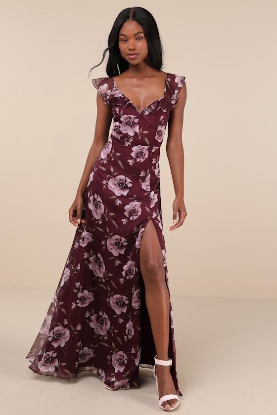 Sweetest Entrance Plum Purple Floral Ruffled Tie-Back Maxi Dress Product Image