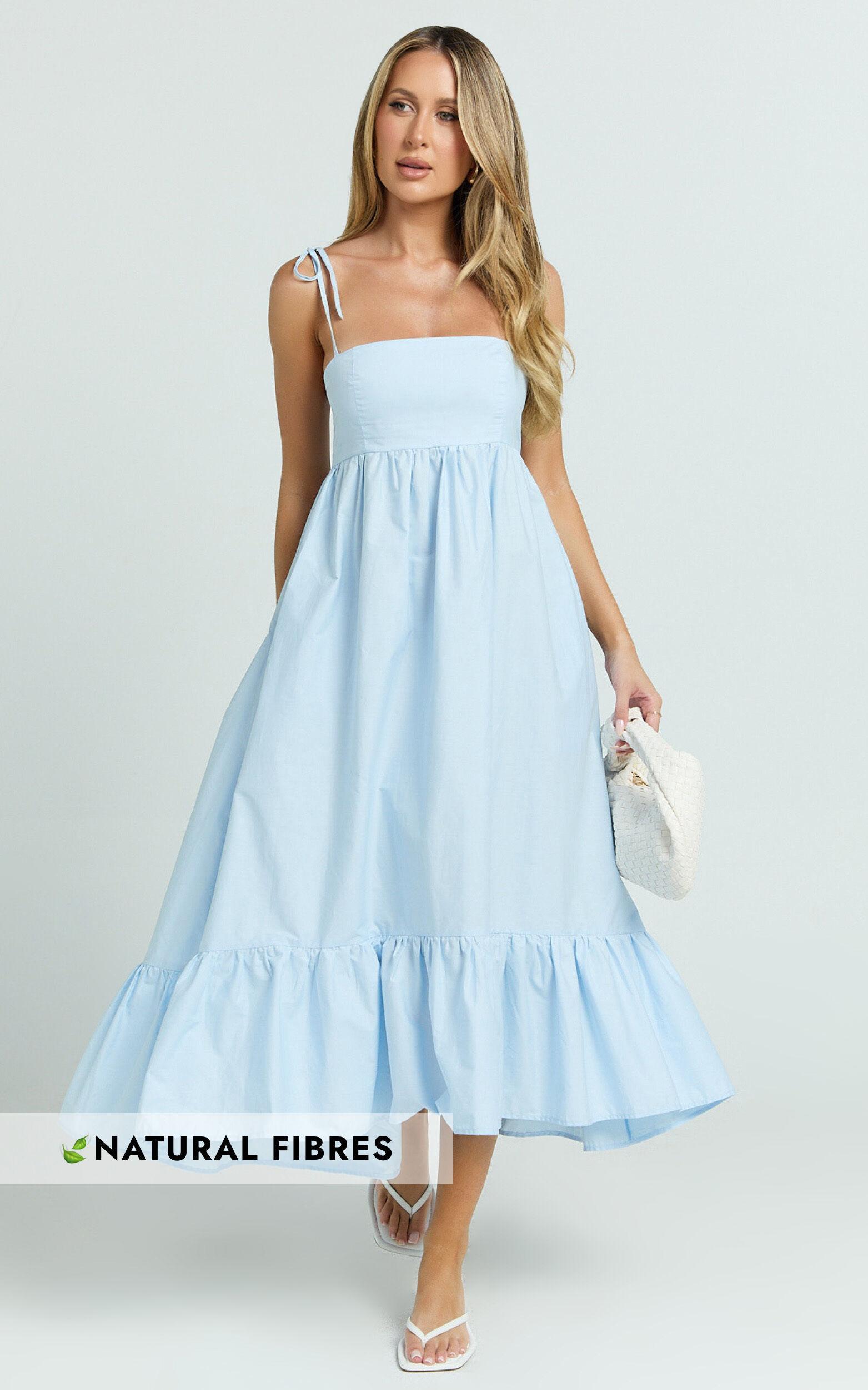 Aveiro Midi Dress - Straight Neck Shoulder Tie High Low Ruffle Hem in Soft Blue Product Image