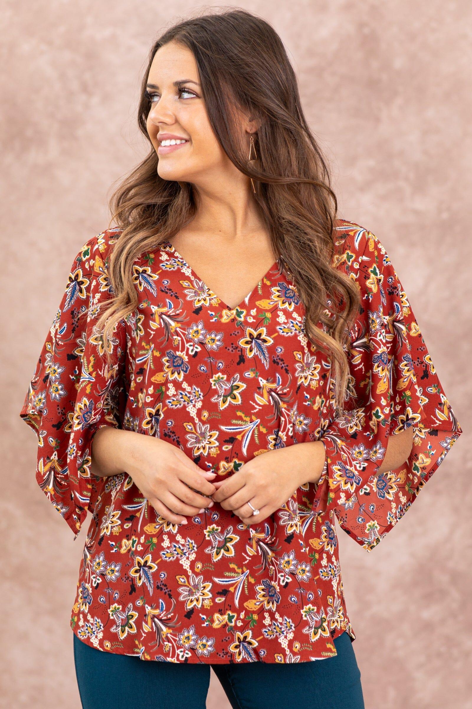 Maroon Floral Print Dolman Sleeve Top Product Image