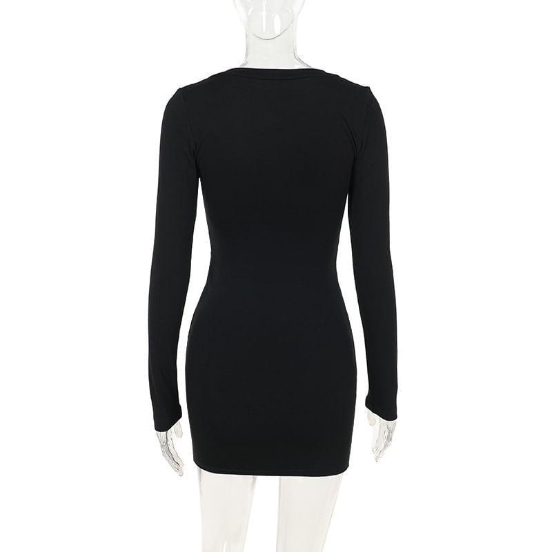 Long-Sleeve V-Neck Lace Trim Plain Mini Bodycon Dress Product Image