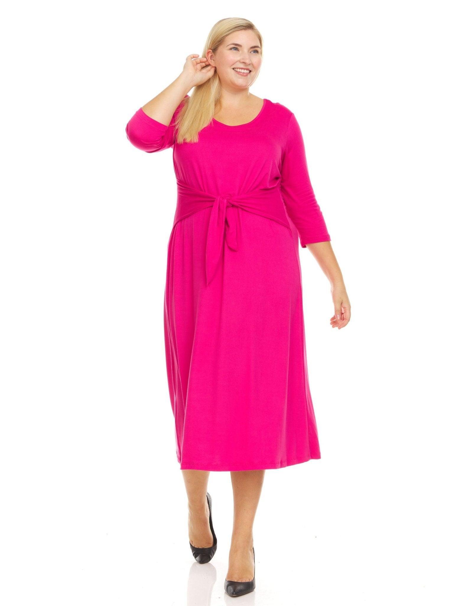 3/4 Sleeve Crew Neck Solid Color A-Line Midi Dress With Self Tie Belt - Plus Product Image