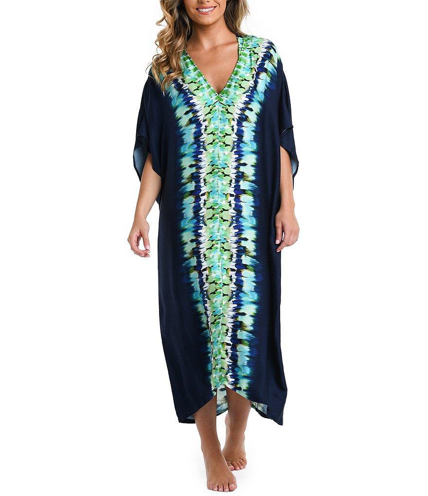 La Blanca Monarch Seas Tie Dye Print V-Neck Maxi Caftan Swim Cover-Up Product Image