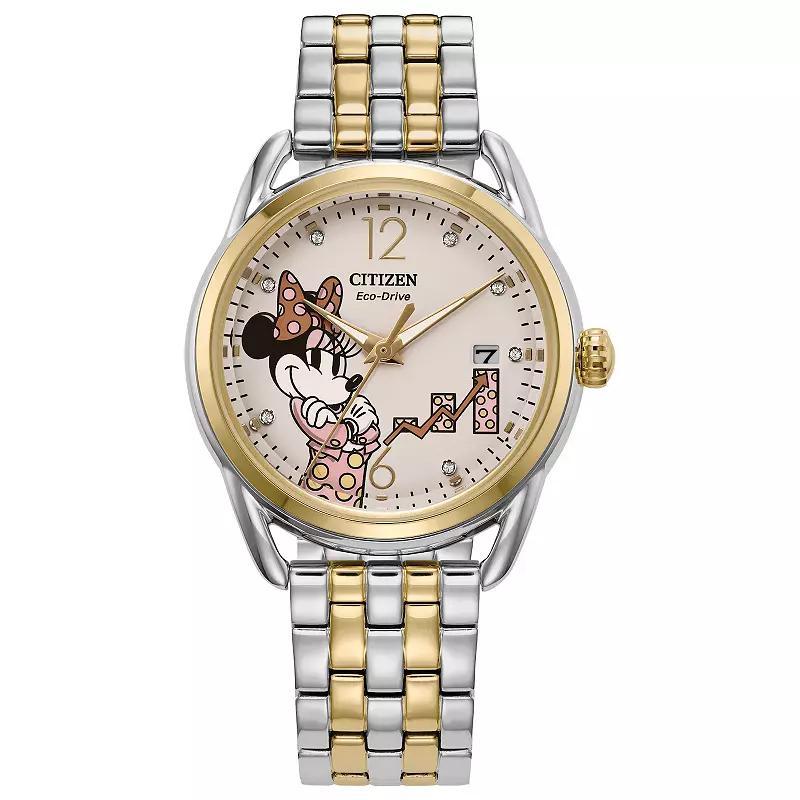 Disneys Empowered Minnie Citizen Womens Eco-Drive Two Tone Stainless Steel Crystal Dial Accent Bracelet Watch - FE6084-70W Gold Silver Product Image