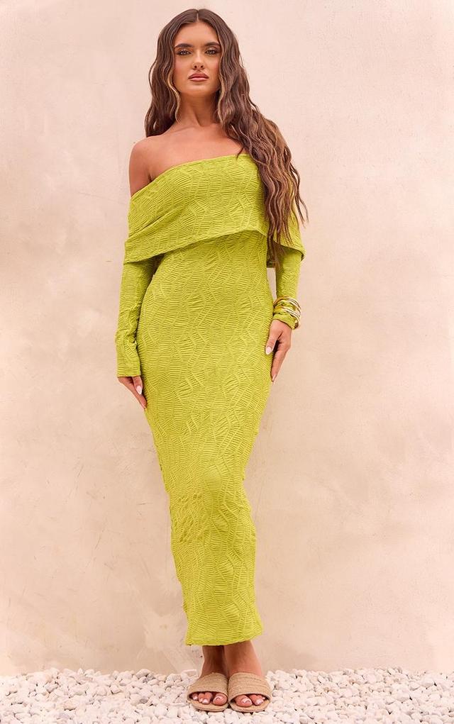 Green Textured Oversized Fold Over Bardot Maxi Dress Product Image