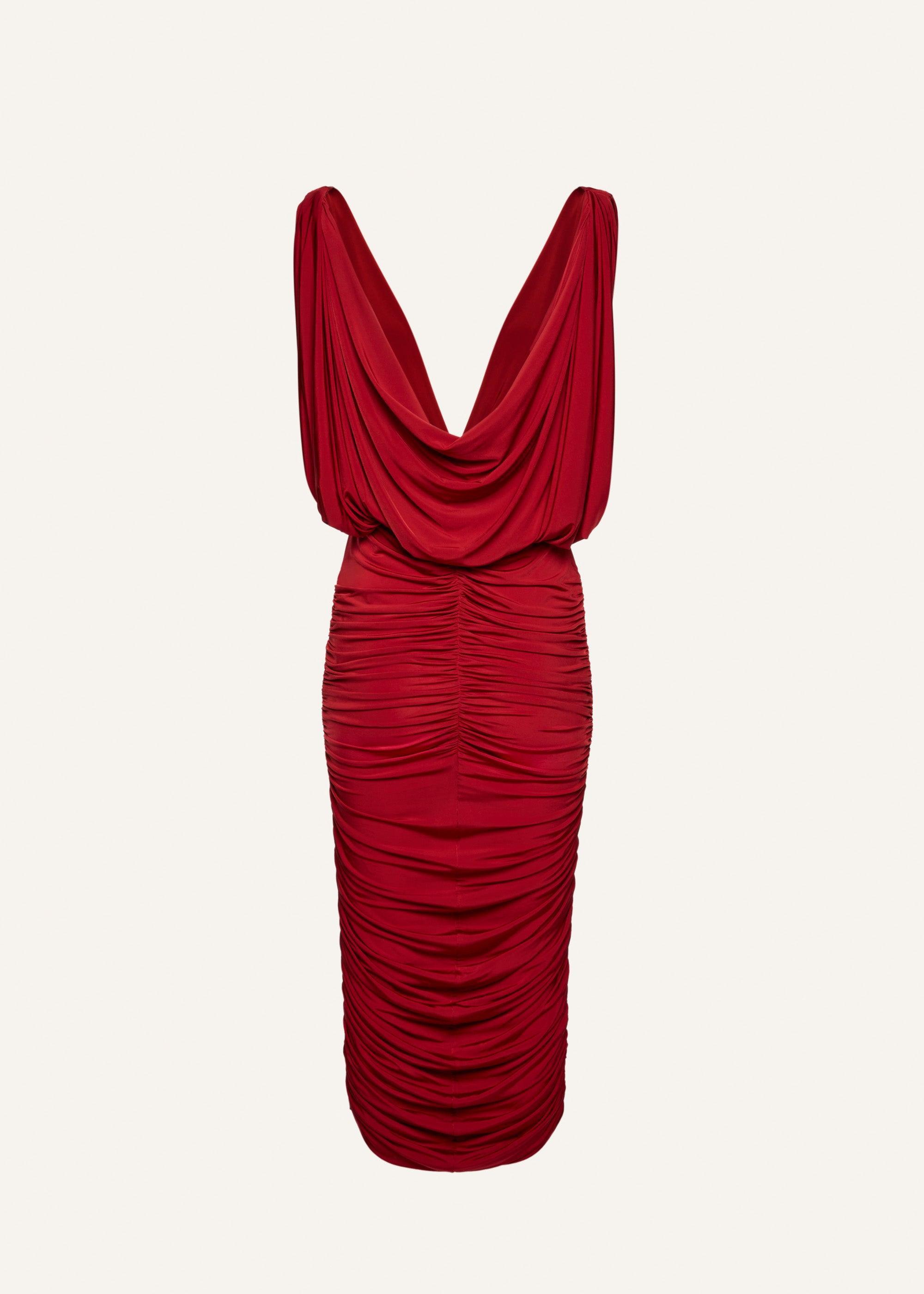 Ruched V-neck midi dress in red Product Image