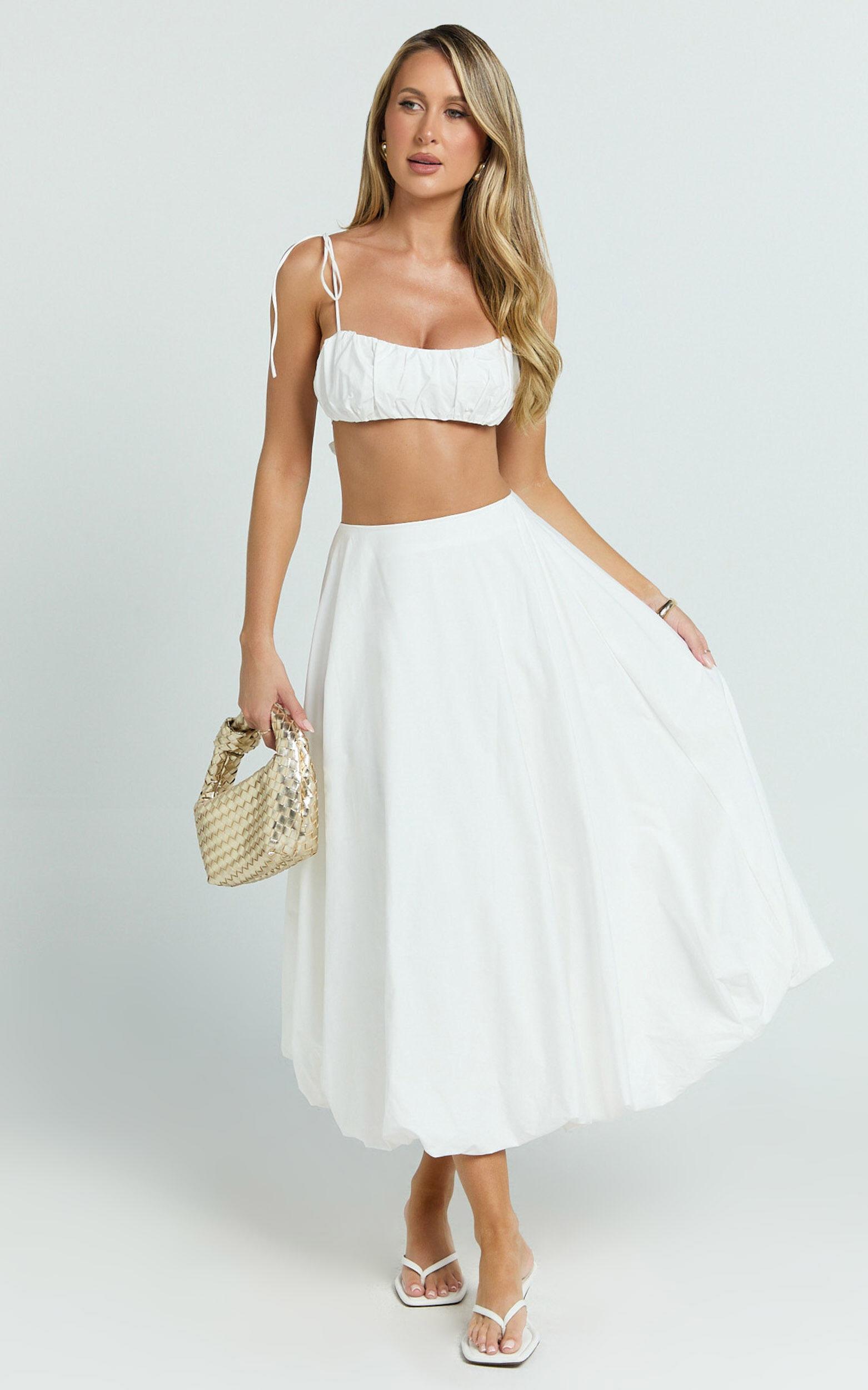 Sanders Two Piece Set - Ruche Strappy Square Neck Top And Bubble Hem Skirt in Off White Product Image