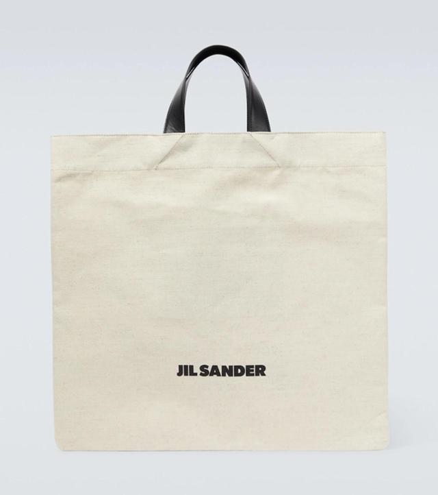 JIL SANDER Large Leather-trimmed Logo-print Canvas Tote Bag In Neutrals Product Image