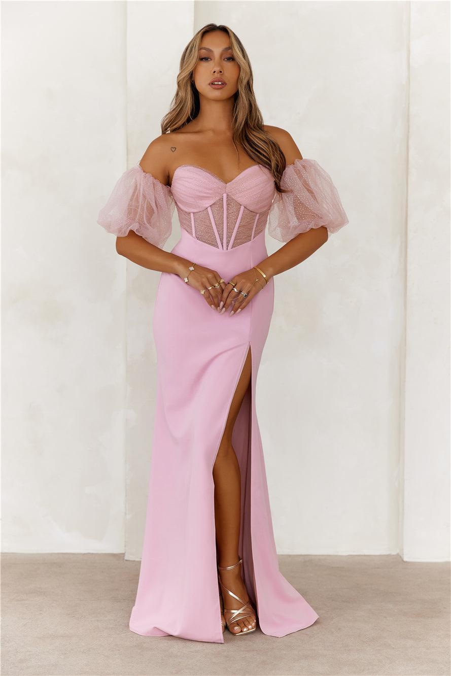 Champagne Soirée Off Shoulder Maxi Dress Pink Product Image