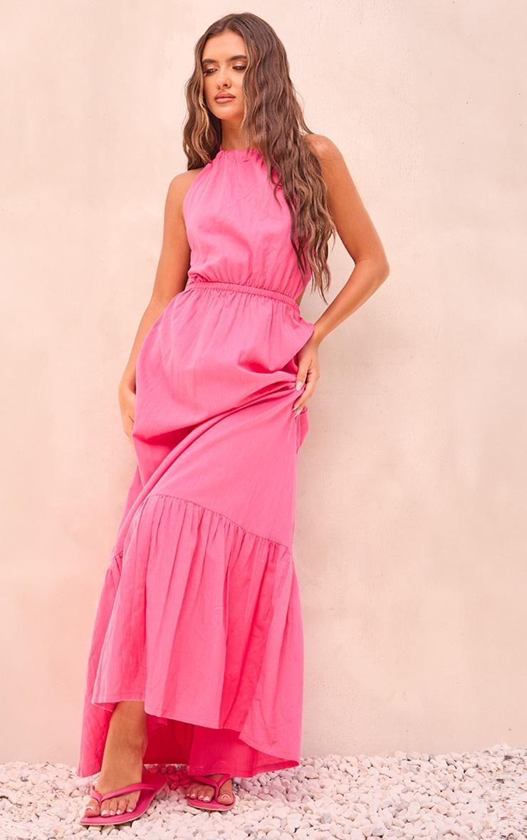 Bright Pink Linen Look Halterneck Backless Maxi Dress Product Image