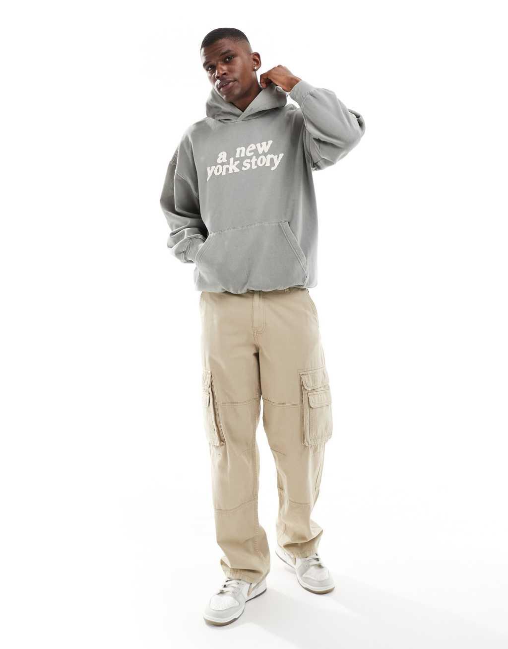 ONLY & SONS relaxed fit hoodie with NY print in washed light gray Product Image