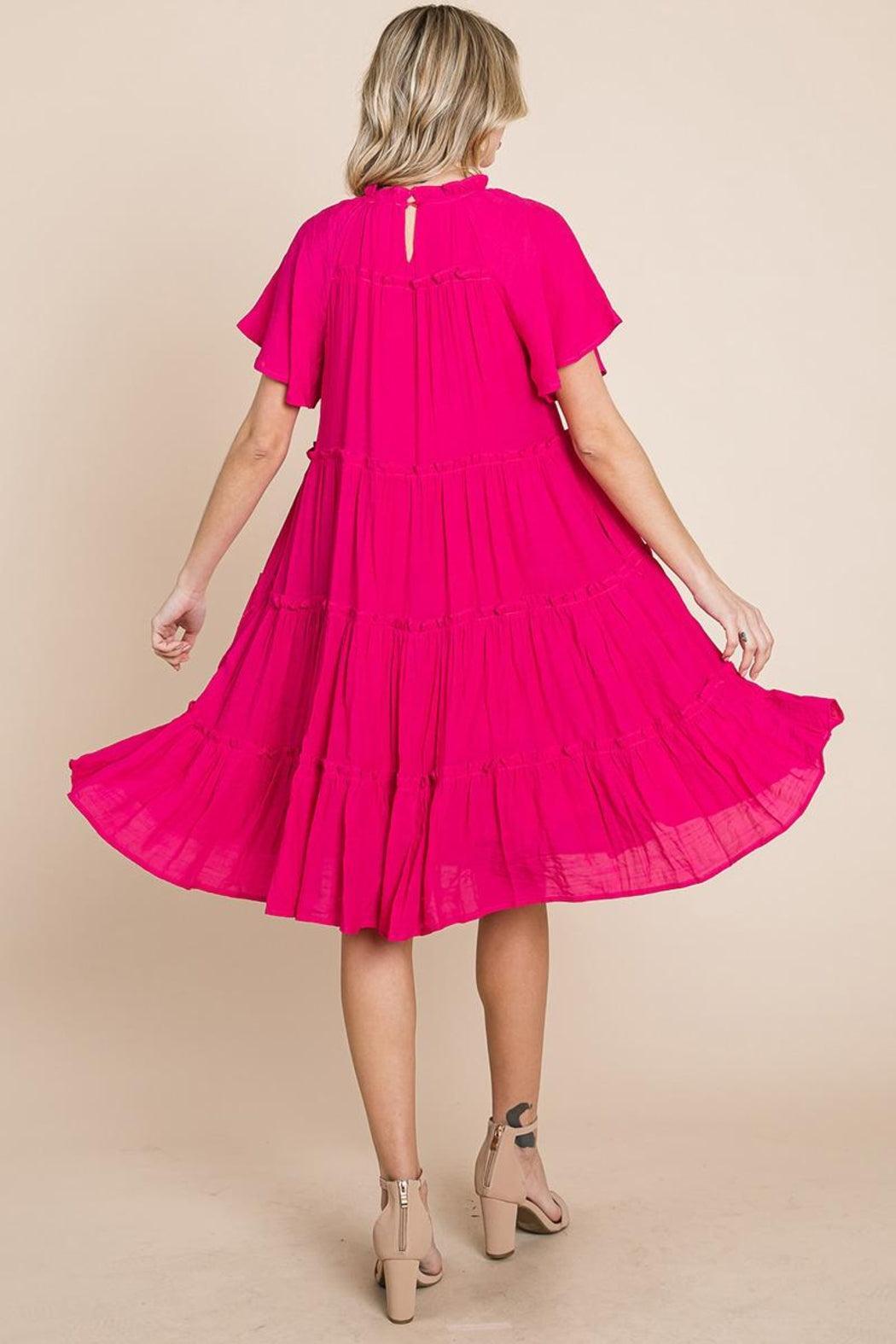 Tiered Babydoll Dress With Pockets Pink  Product Image