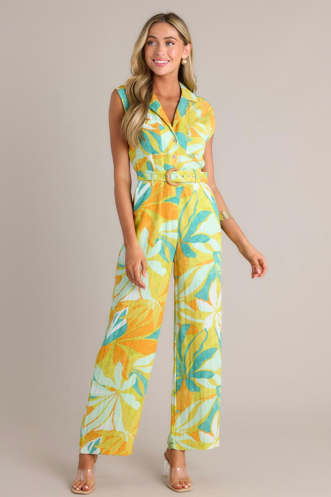 Sunset Glow Lime Green Tropical Print Belted Jumpsuit Product Image