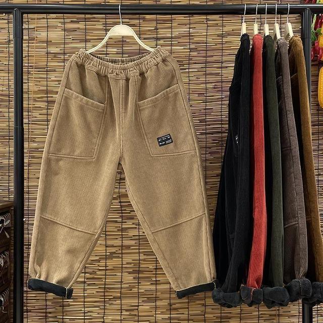 Elastic Waist Plain Panel Fleece-Lined Corduroy Cropped Tapered Pants Product Image