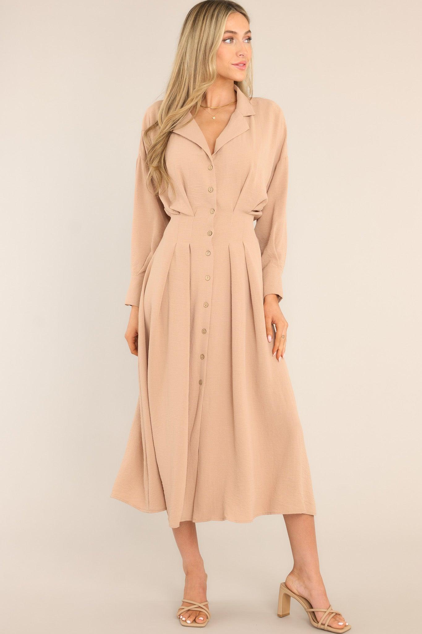 Cherish Now Beige Button Front Midi Dress Product Image