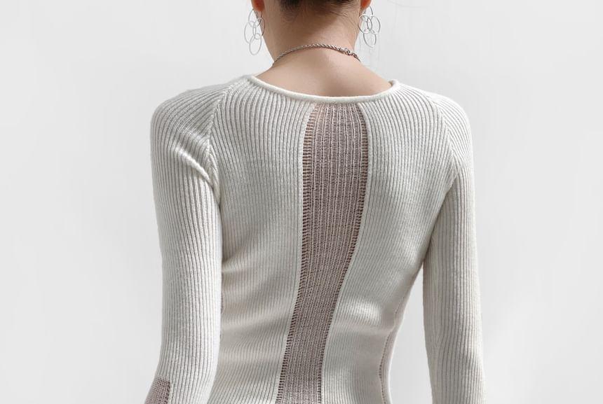 Long Sleeve Crew Neck Plain See-Through Knit Top Product Image