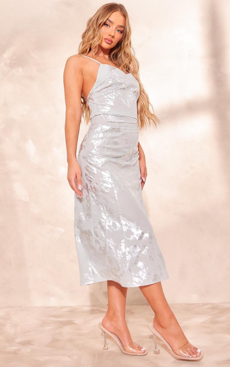 Silver Foil Print Cowl Neck Midaxi Dress Product Image