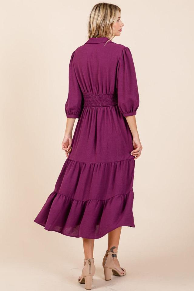 Collared V Neck Knotted Smock Waist Tiered Dress Product Image