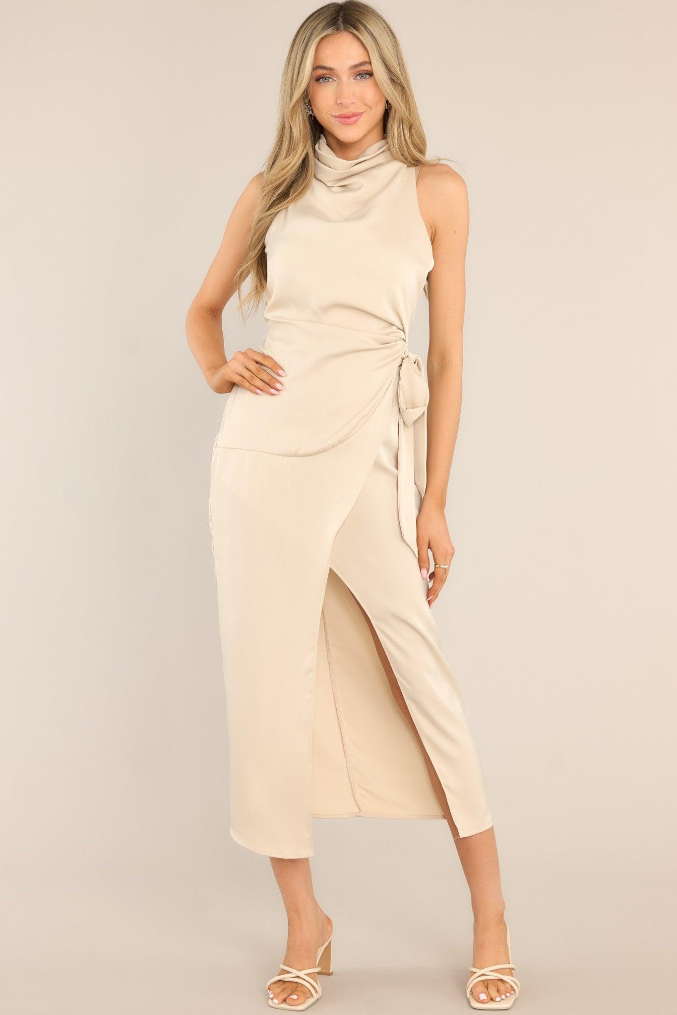 The Way Out Beige Cowl Neck Midi Dress Product Image