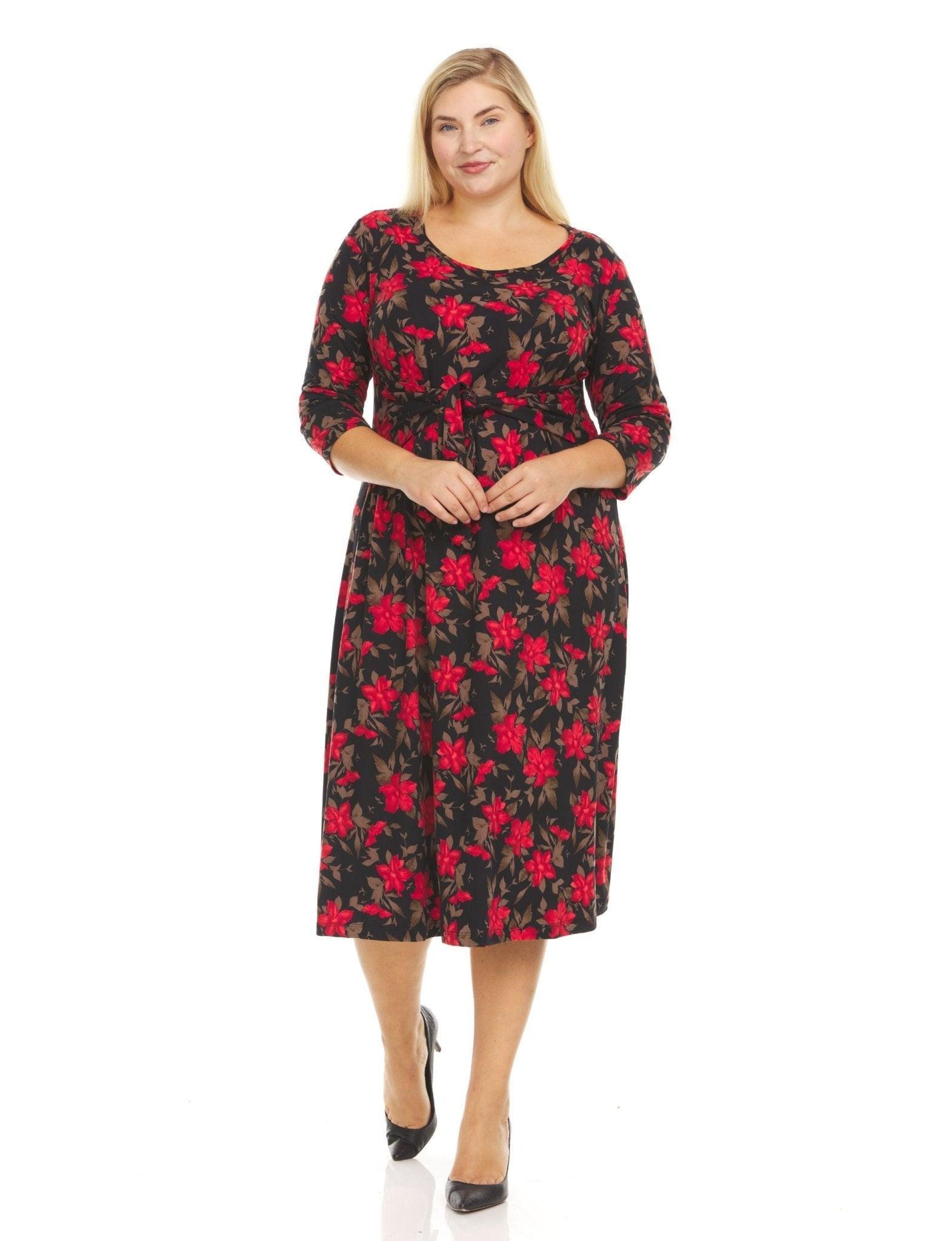 Three quarter sleeve crew neck printed A line midi dress with selt tie belt- plus Product Image