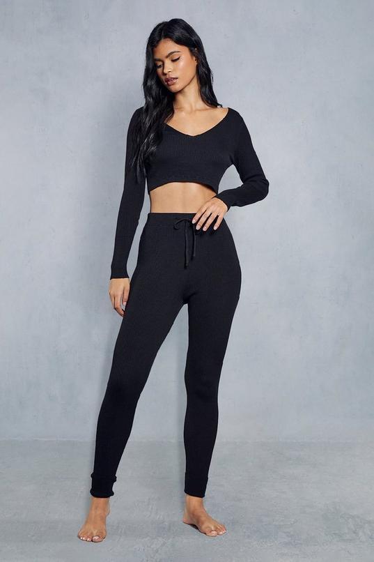 Knitted Ribbed Off The Shoulder Legging Co-ord  Product Image