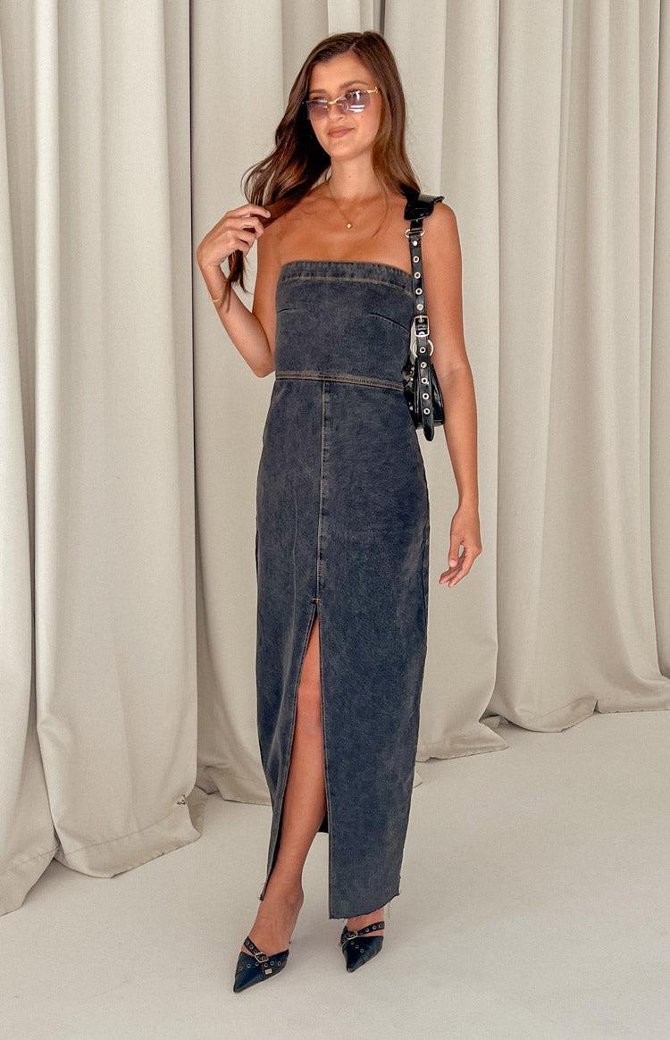 Romey Black Denim Strapless Maxi Dress Product Image