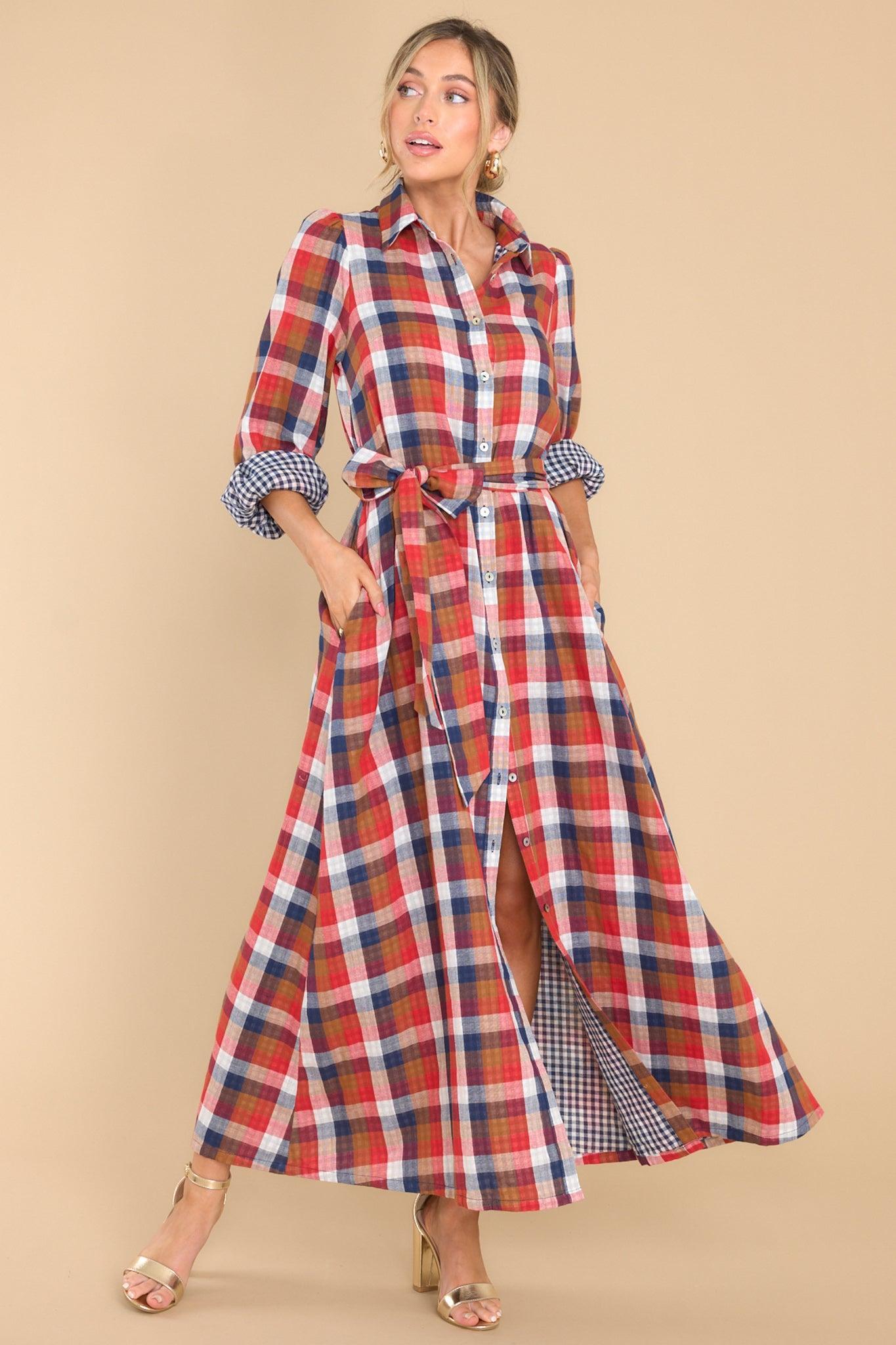 Aura Closing That Door Red Multi Plaid Maxi Dress Product Image