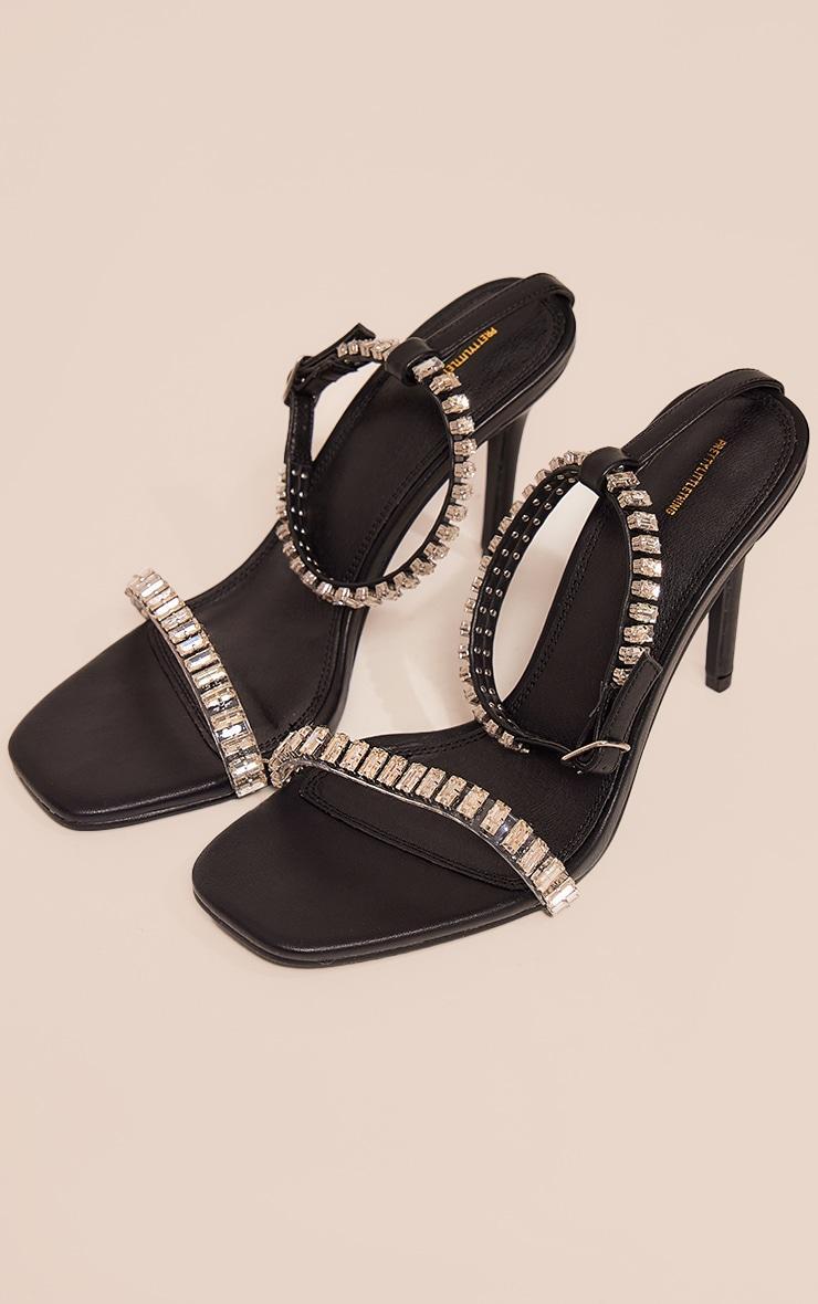 Black Pu Square Toe Diamante Strap High Heeled Sandals Product Image