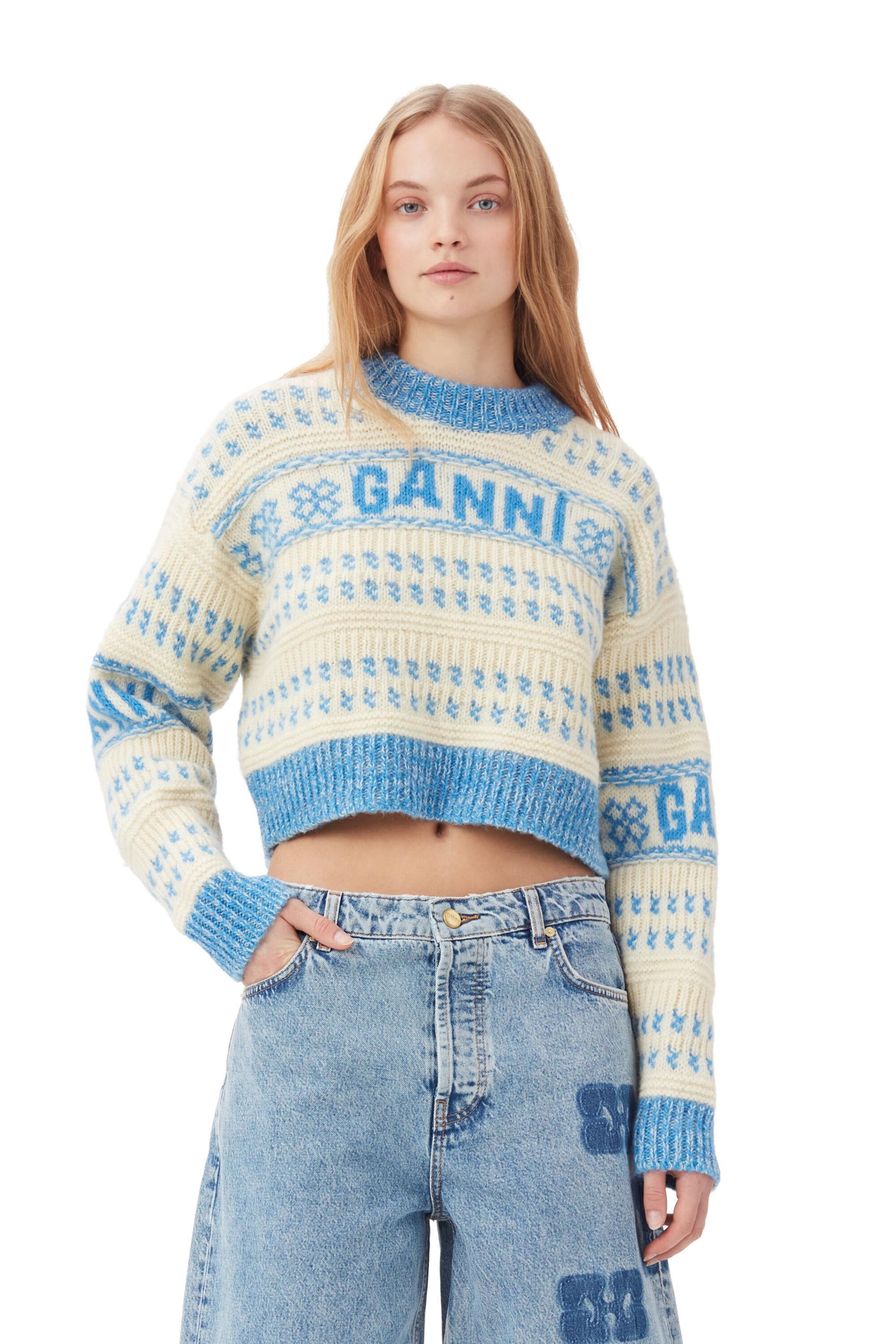 Blue Lambswool Cropped O-neck Pullover Product Image