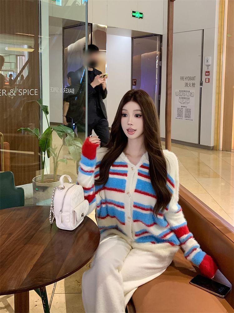 Color Block Hooded Button-Up Cardigan Product Image