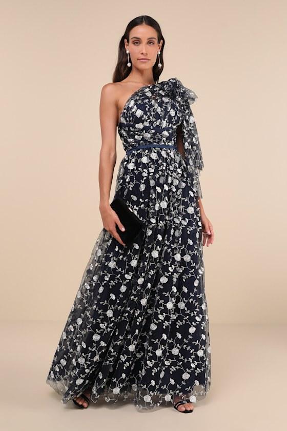 Whimsical Allure Navy Mesh Embroidered One-Shoulder Maxi Dress Product Image