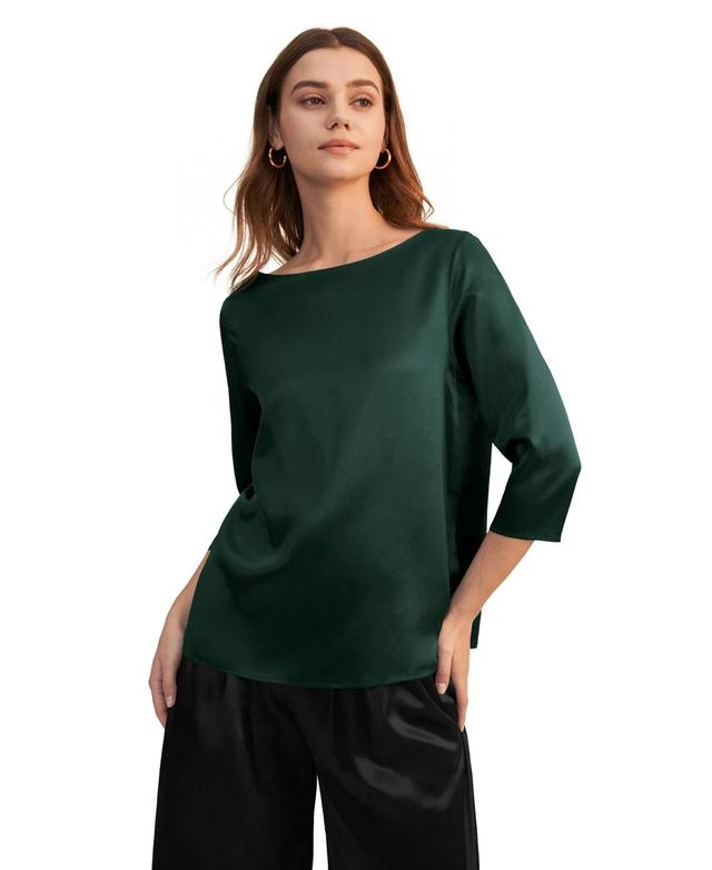 3/4 Sleeve Boat Neck Silk Blouse for Women Product Image