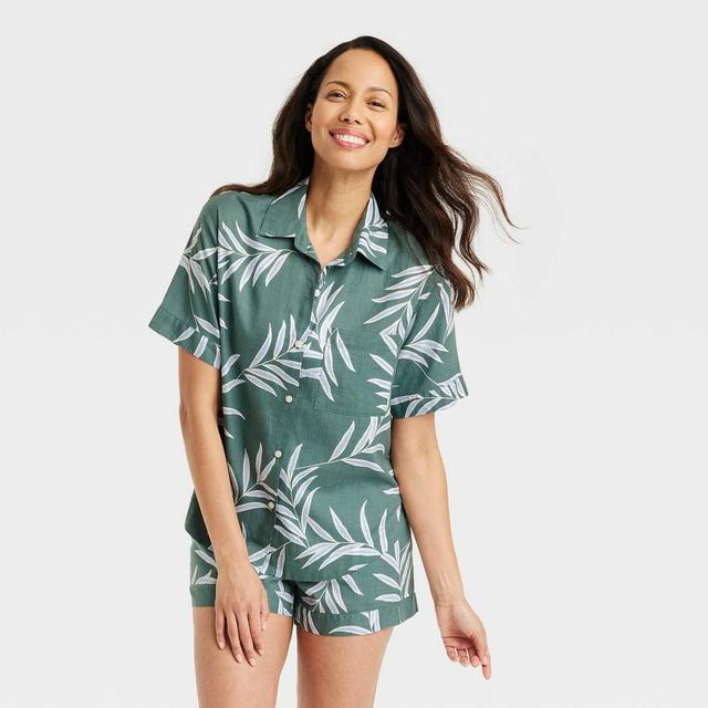 Womens Cotton Blend Button-Up Pajama Top - Stars Above Green L Product Image