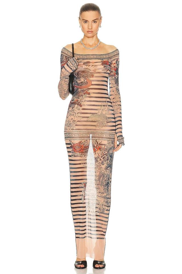 Jean Paul Gaultier Printed Mariniere Tattoo Long Boat Neck Dress in Nude Product Image