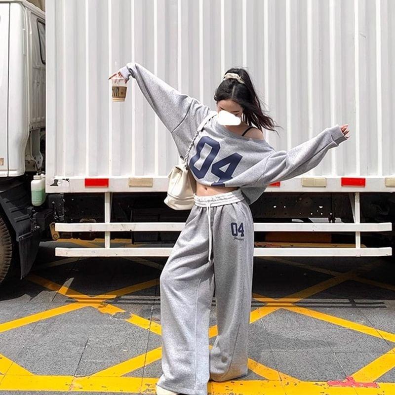 Set: One Shoulder Numbering Print Sweatshirt + Drawstring Waist Wide Leg Sweatpants Product Image