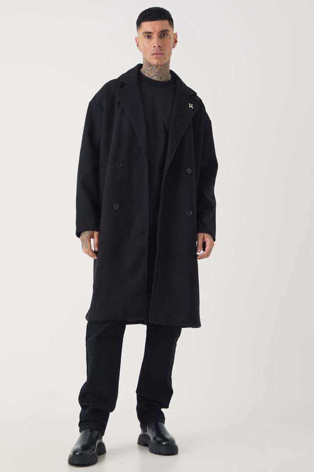 Tall Oversized Drop Shoulder Double Breasted Overcoat In Black | boohooMAN USA Product Image