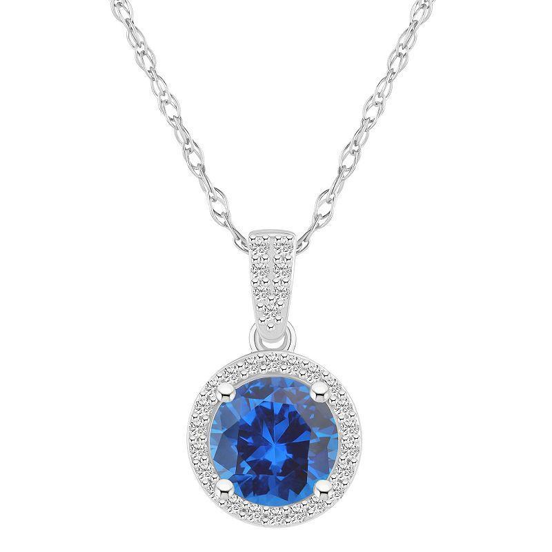 Celebration Gems 10k White Gold Round Gemstone & Lab-Created White Sapphire Halo Pendant Necklace, Womens Blue Product Image