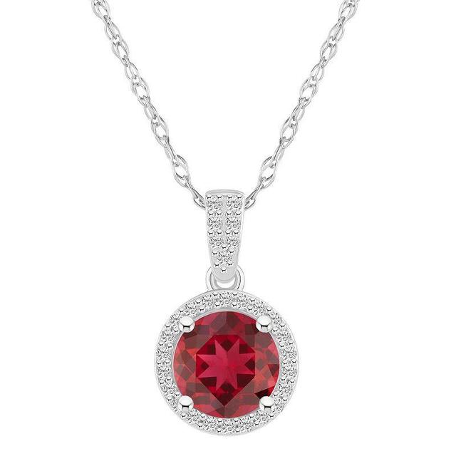 Celebration Gems 10k White Gold Round Gemstone & Lab-Created White Sapphire Halo Pendant Necklace, Womens Red Product Image