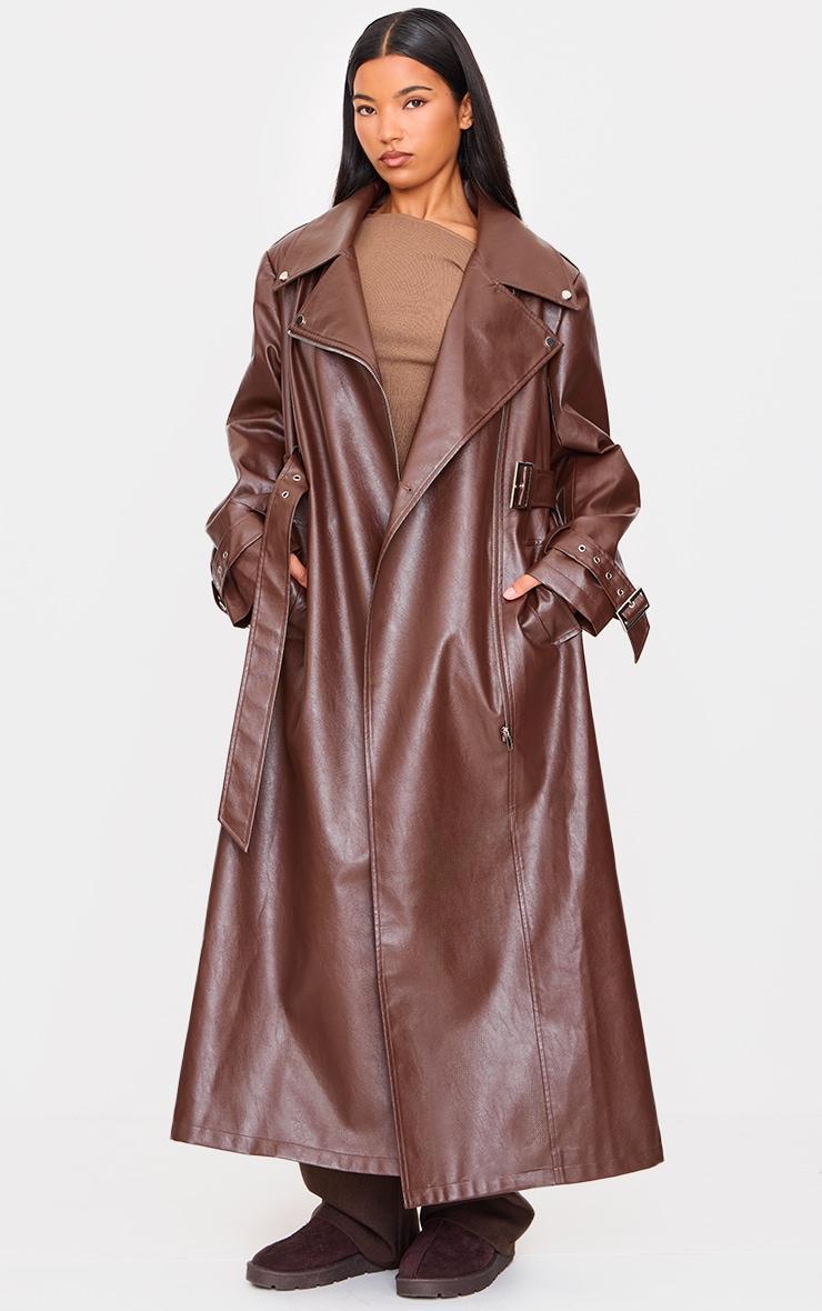 Brown Faux Leather Belted Trench Coat Product Image