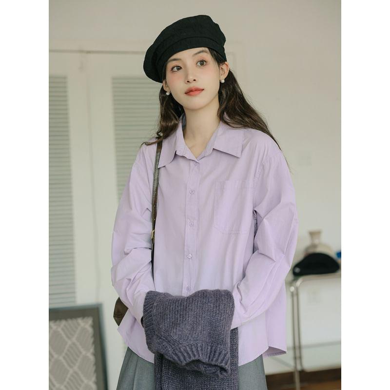 Crew Neck Plain Sweater Vest / Long-Sleeve Button-Up Shirt Product Image