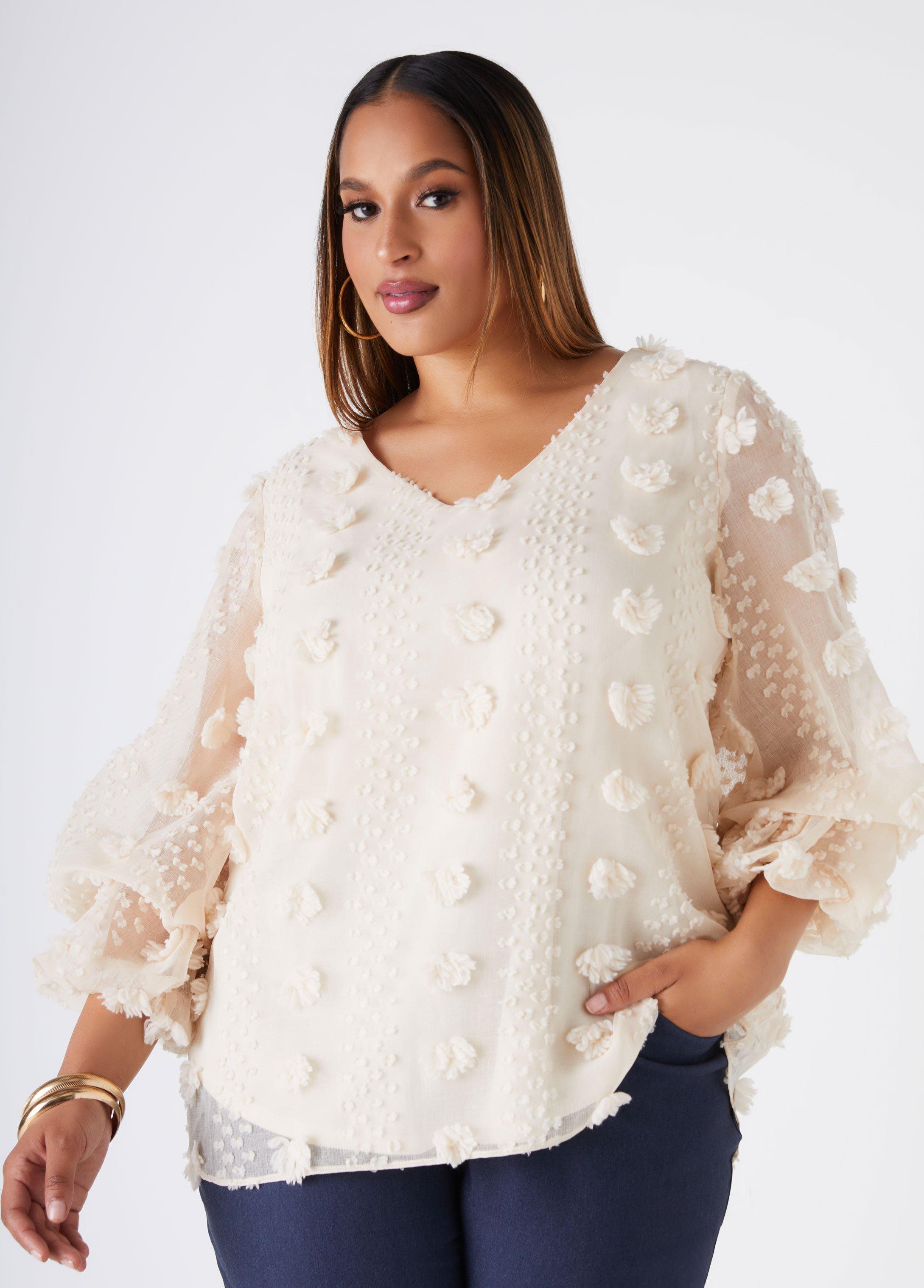 Plus Size Pompom Gauze Blouse, - Ashley Stewart Product Image