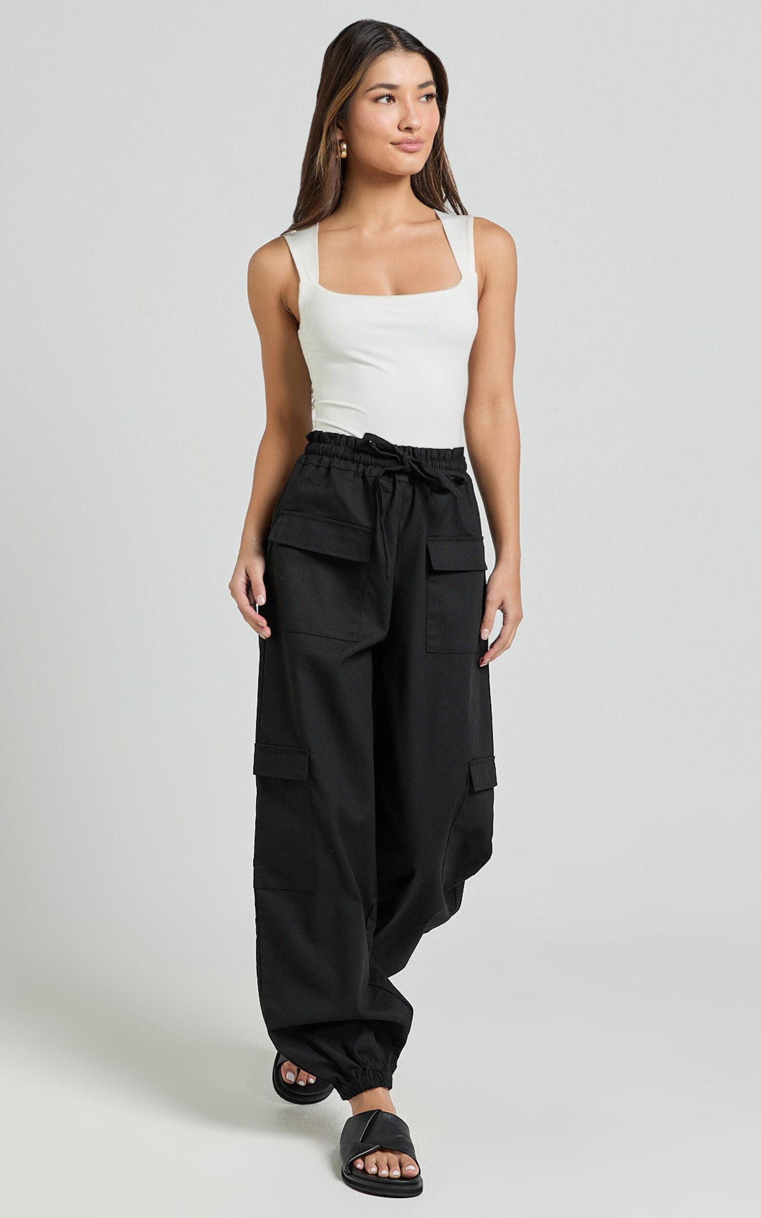 Simpson Pants - Linen Look Tie Waist Pocket Detail Cargo Pants in Black Product Image