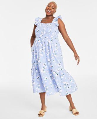 Trendy Plus Size Cheerful Flower-Print Cotton Smocked Midi Dress, Created for Macy's Product Image