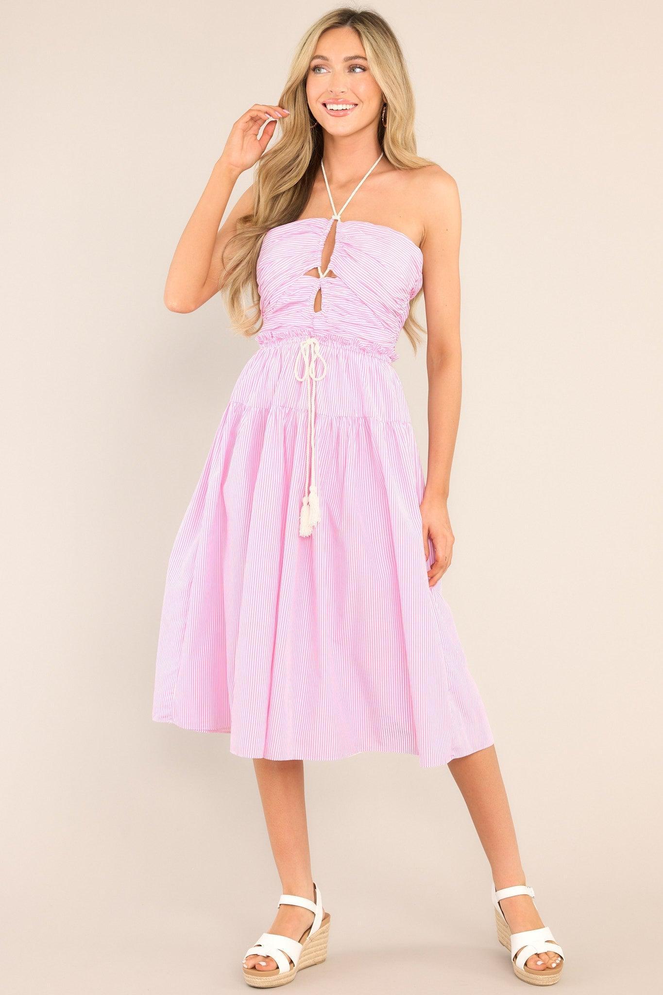 In The Details Pink Striped Halter Midi Dress Product Image